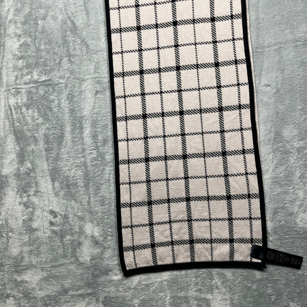 Coach Scarf Black Ivory Reversible Plaid Wool Cotton Knit Leather Logo - Picture 15 of 16